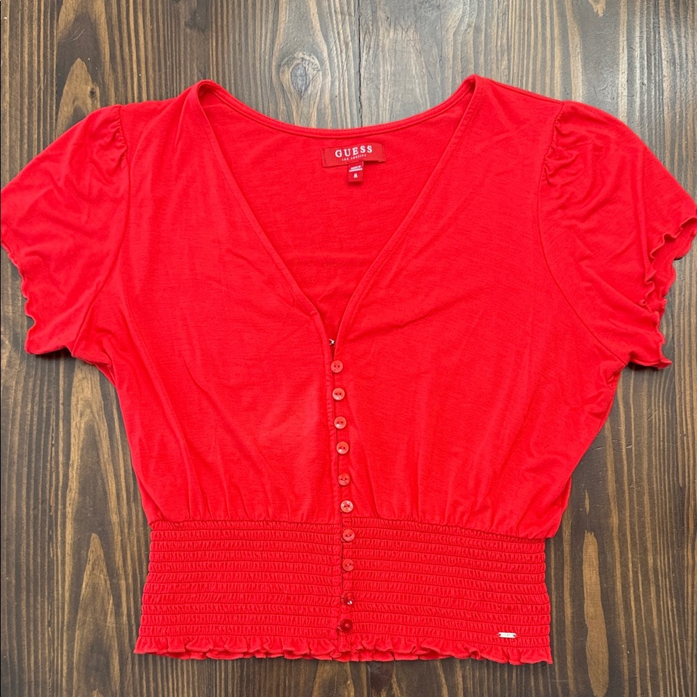 Guess Red Button-Down Blouse Women Size Medium V Neck Shirt Short Sleeve